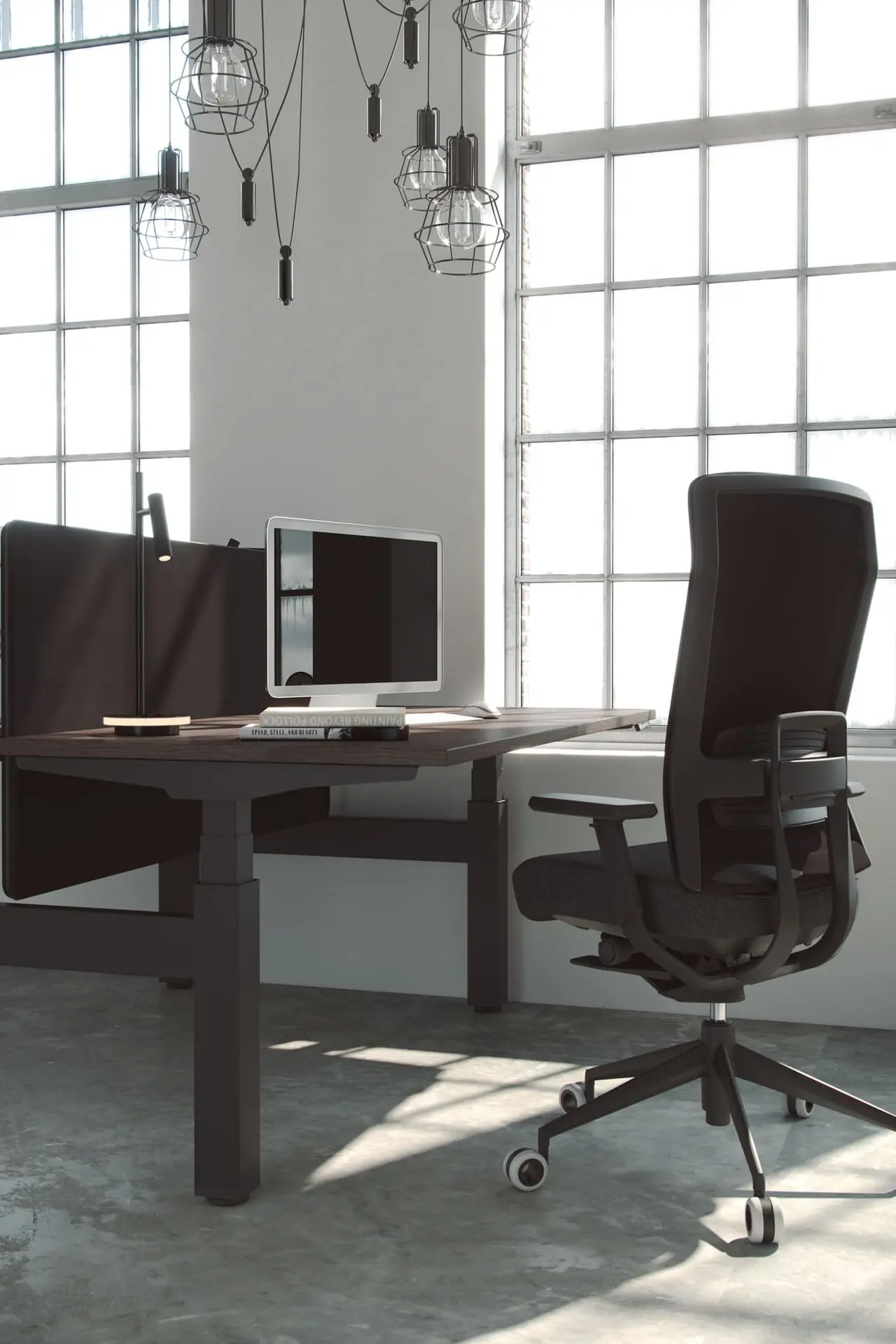 Mesa elevable Mobility en tonos oscuros con silla TNK-Flex Mesa elevable Mobility en tonos oscuros con silla TNK-Flex