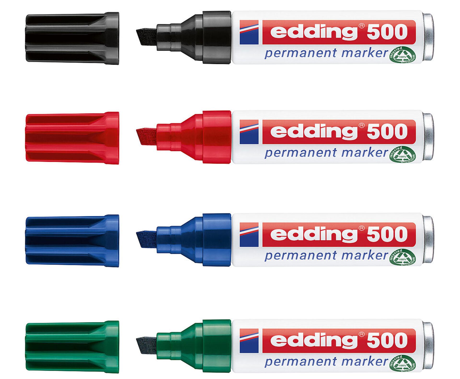 deal para superficies rugosas o lisas, el rotulador permanente Edding 500 destaca por su punta biselada que permite trazos claros y definidos. Su diseño ergonómico y su cuerpo cilíndrico facilitan el agarre, permitiendo un uso intensivo en sectores industriales, talleres o entornos creativos.