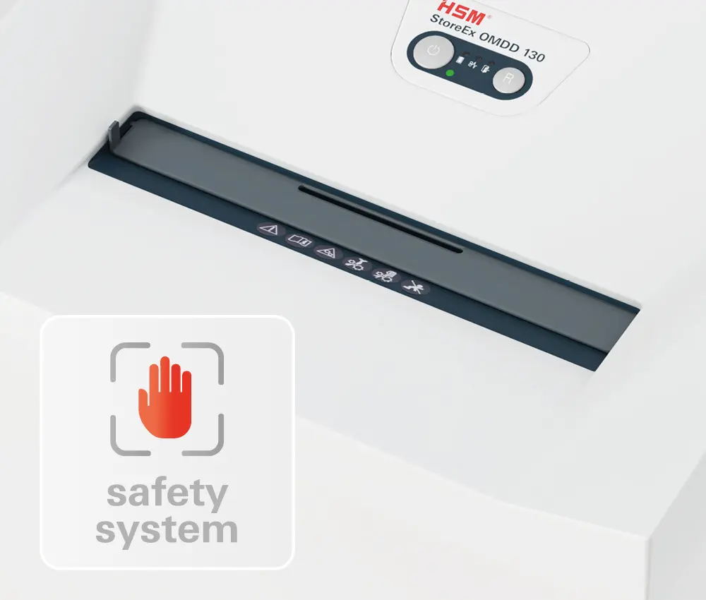 Destructora HSM OMDD 130 – Sistema de seguridad automático Detalle del sistema de seguridad inteligente de la destructora HSM StoreEx OMDD 130