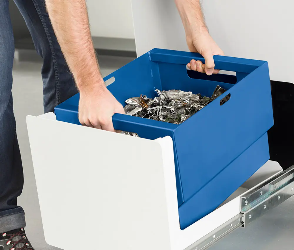 Recipiente de recogida de la destructora HSM HDS 150 Recipiente extraíble con restos de discos duros triturados