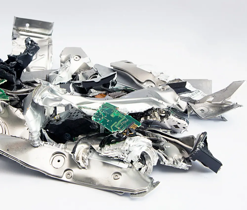 Resultado final de discos duros destruidos por la HSM HDS 150 Fragmentos de discos duros tras su destrucción en la HSM HDS 150