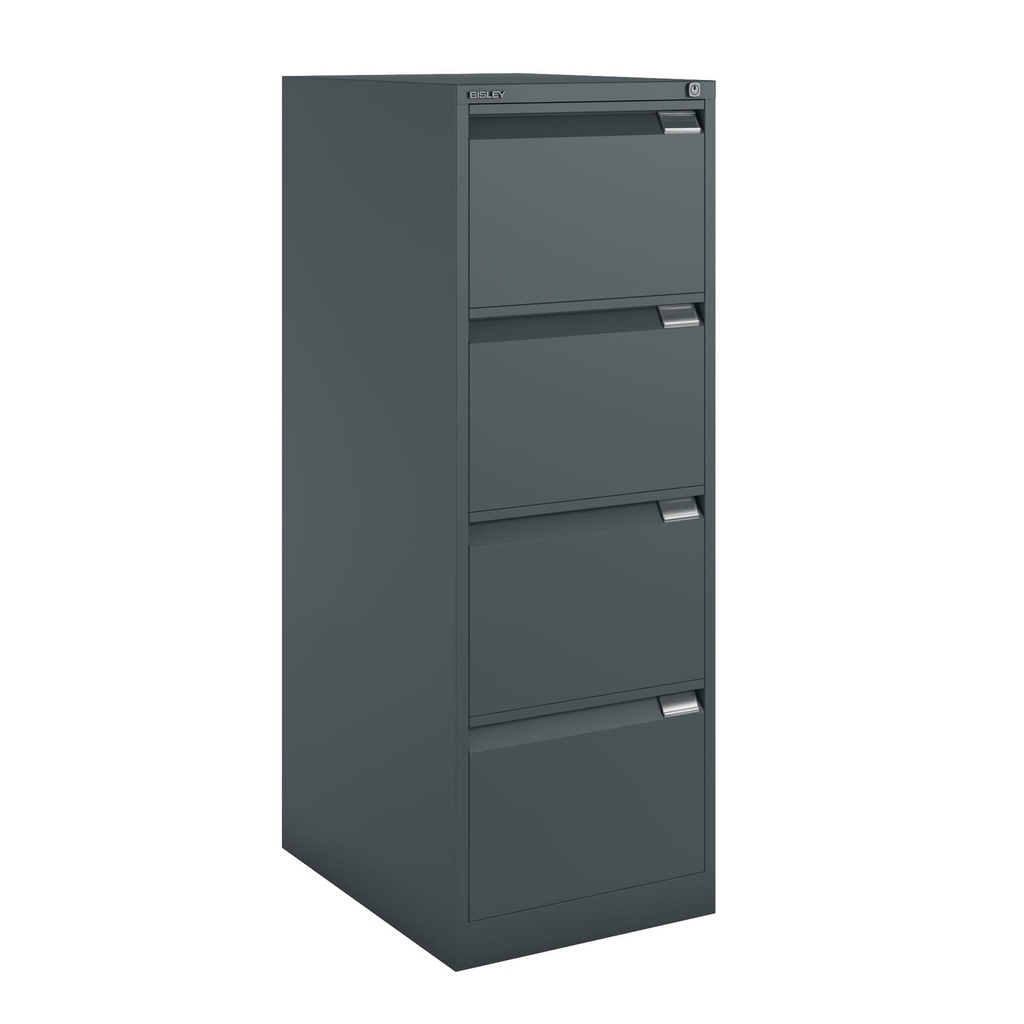 Archivador metálico Bisley BS Premium con cuatro cajones DIN-A4 para clasificar carpetas colgantes en color gris casi negro
