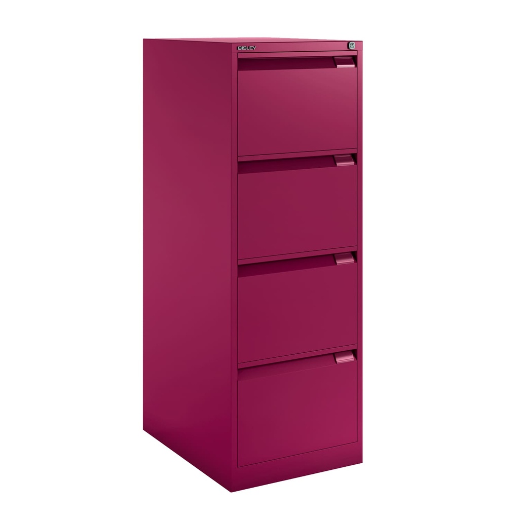 Archivador metálico Bisley BS Premium con cuatro cajones DIN-A4 para clasificar carpetas colgantes en color rosa fucsia