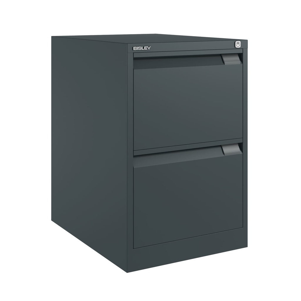 Archivador metálico Bisley BS Premium con dos cajones tamaño folio para clasificar carpetas colgantes en color gris casi negro