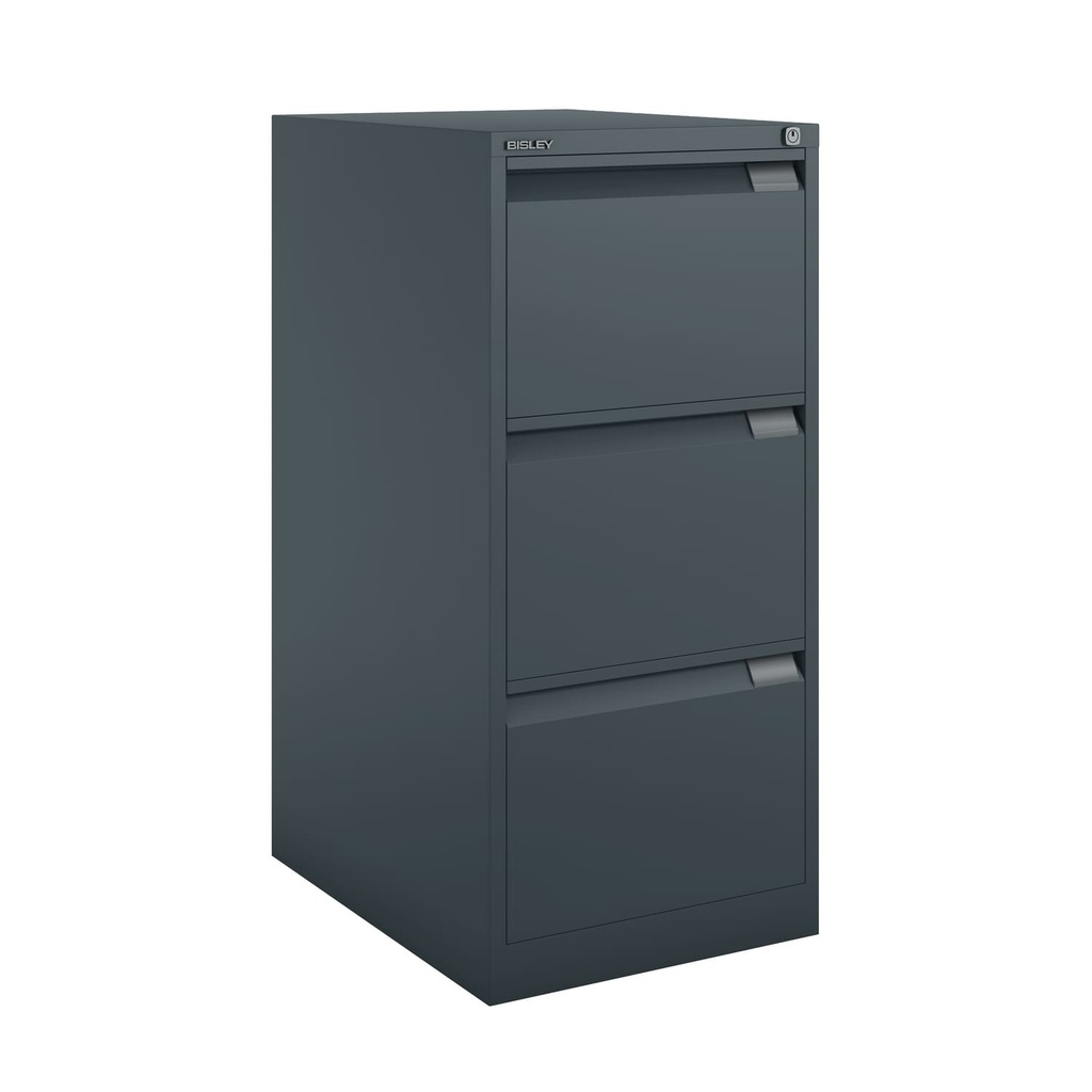 Archivador metálico Bisley BS Premium con tres cajones tamaño folio para clasificar carpetas colgantes en color gris casi negro