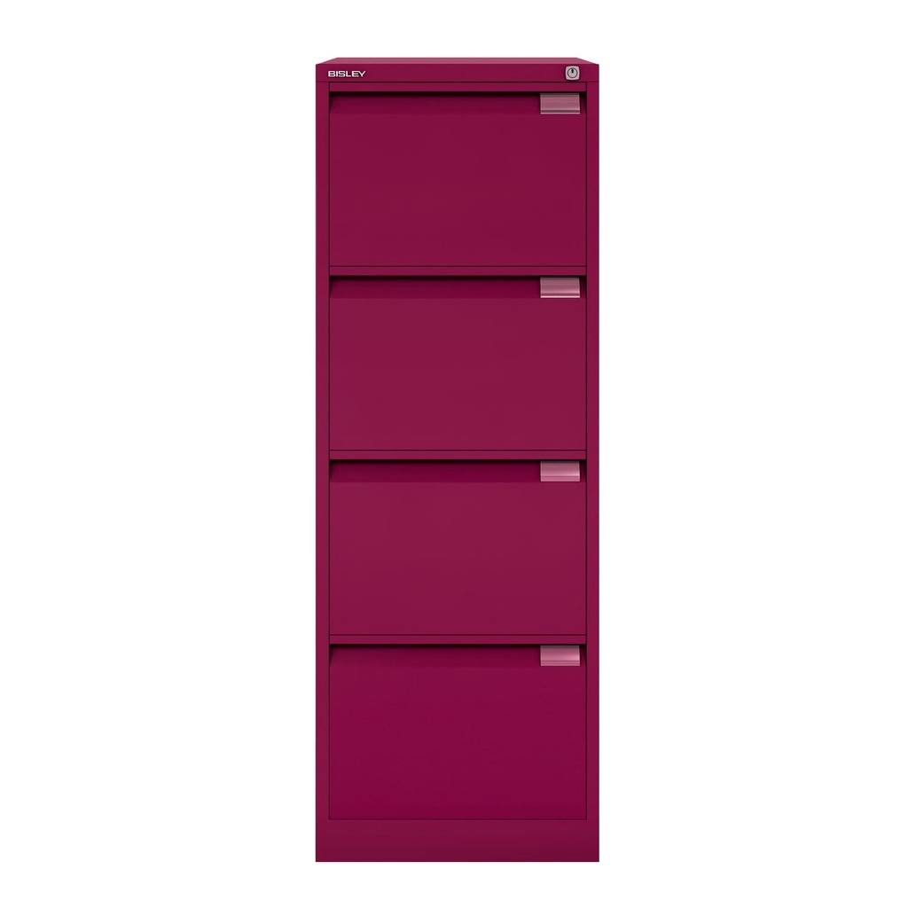 Archivador metálico Bisley BS Premium con cuatro cajones tamaño folio para clasificar carpetas colgantes en color rosa fucsia Berry
