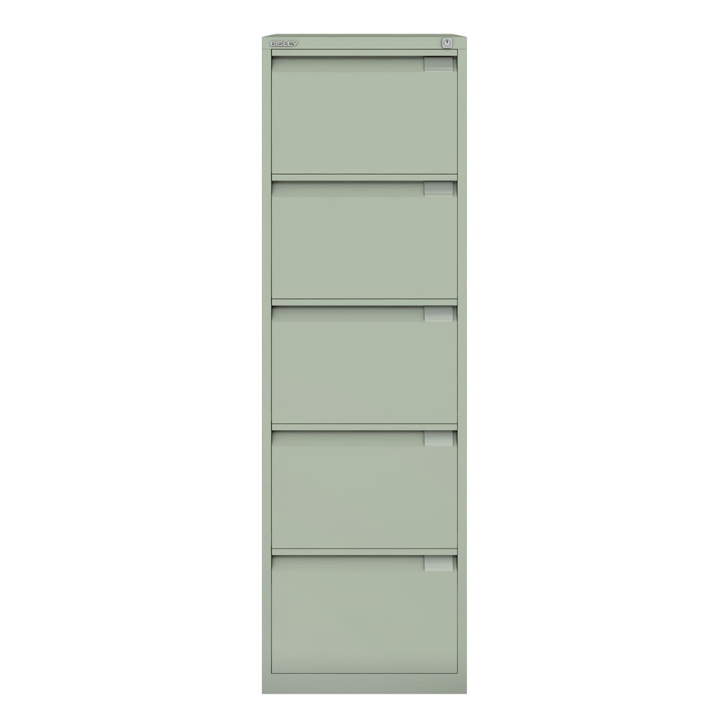 Archivador metálico Bisley BS Premium con cinco cajones tamaño folio para clasificar carpetas colgantes en color gris viejo verdoso Regent