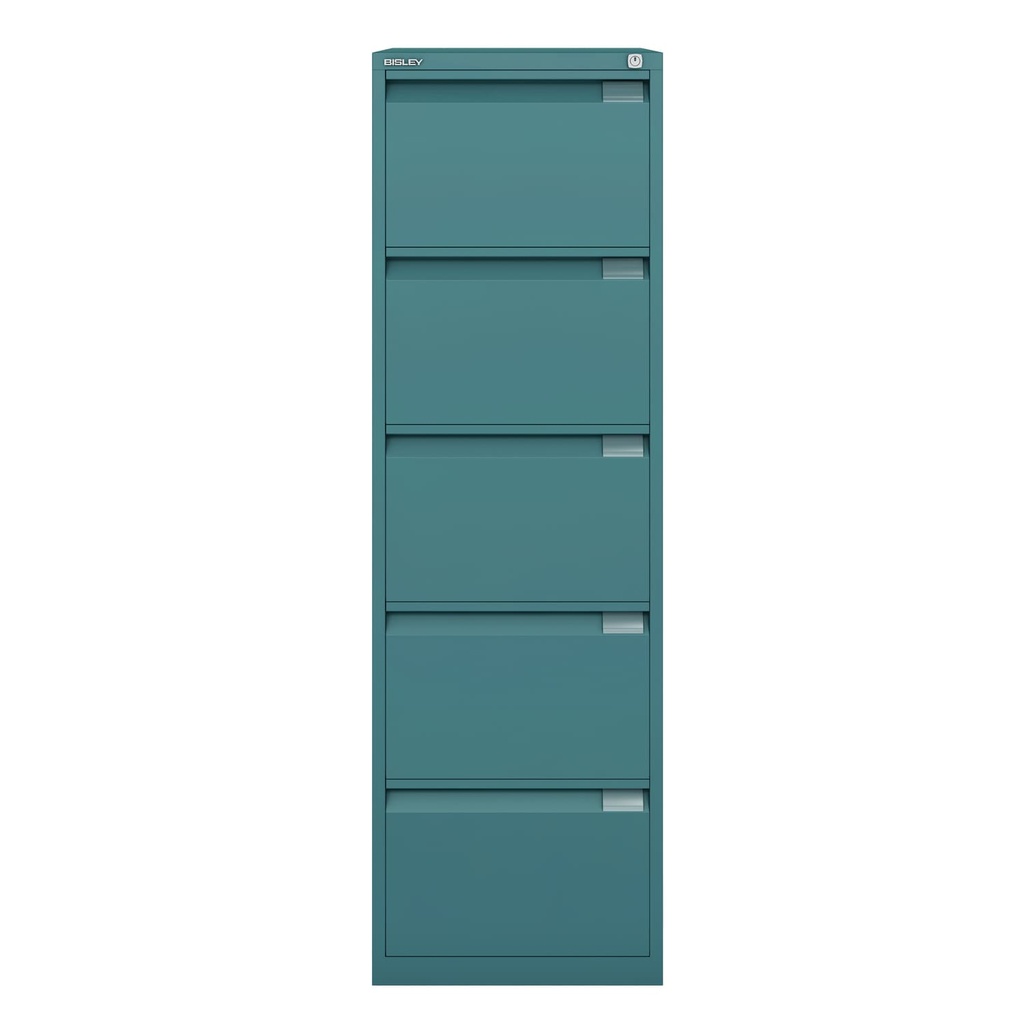 Archivador metálico Bisley BS Premium con cinco cajones tamaño folio para clasificar carpetas colgantes en color gris azul Doulton
