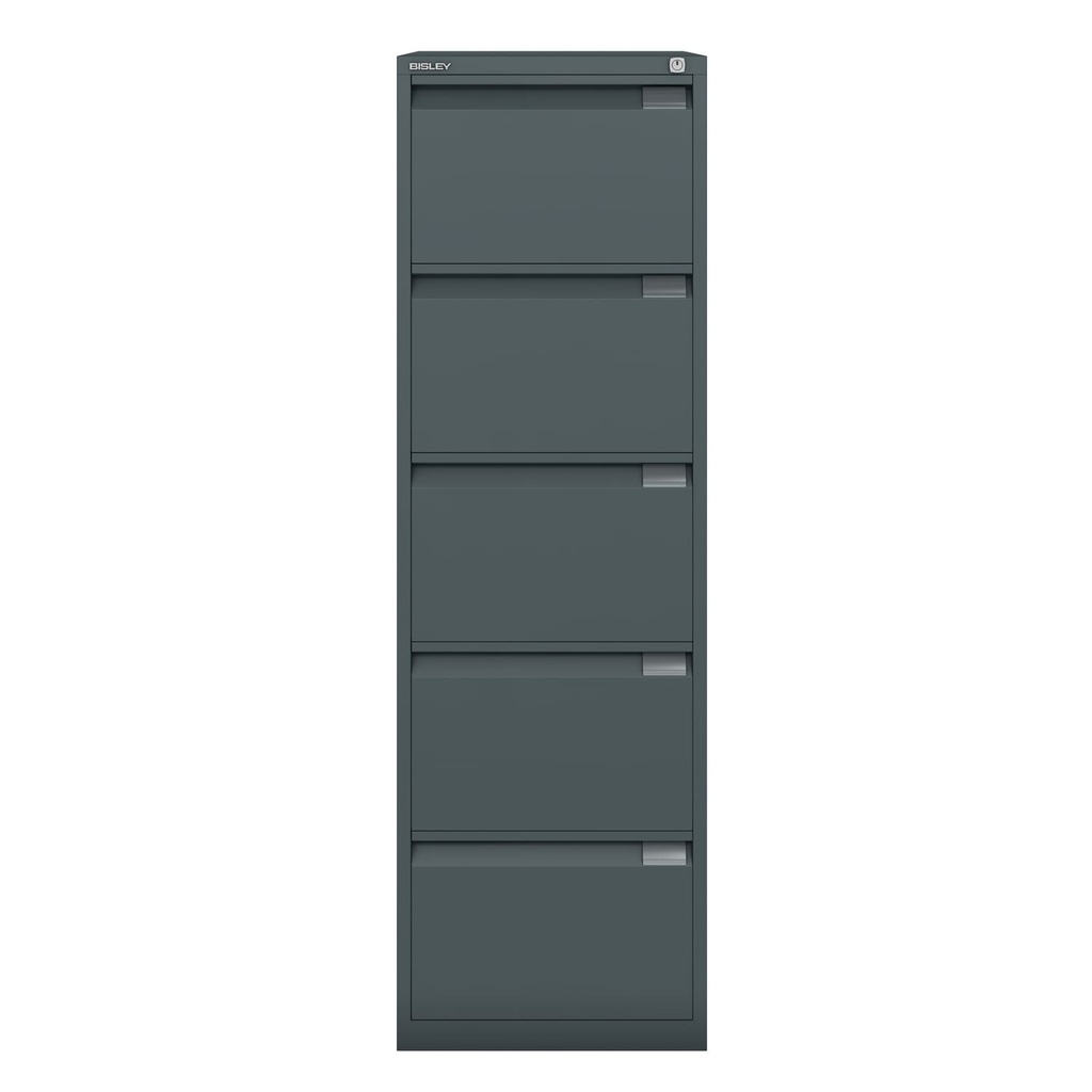 Archivador metálico Bisley BS Premium con cinco cajones tamaño folio para clasificar carpetas colgantes en color gris negro