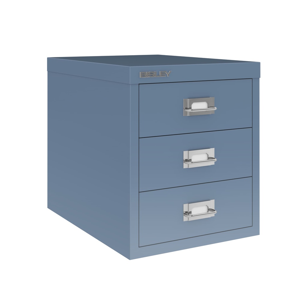 Vista en tres cuartos del fichero multicajones Bisley H123NL en color azul oscuro Oxford
