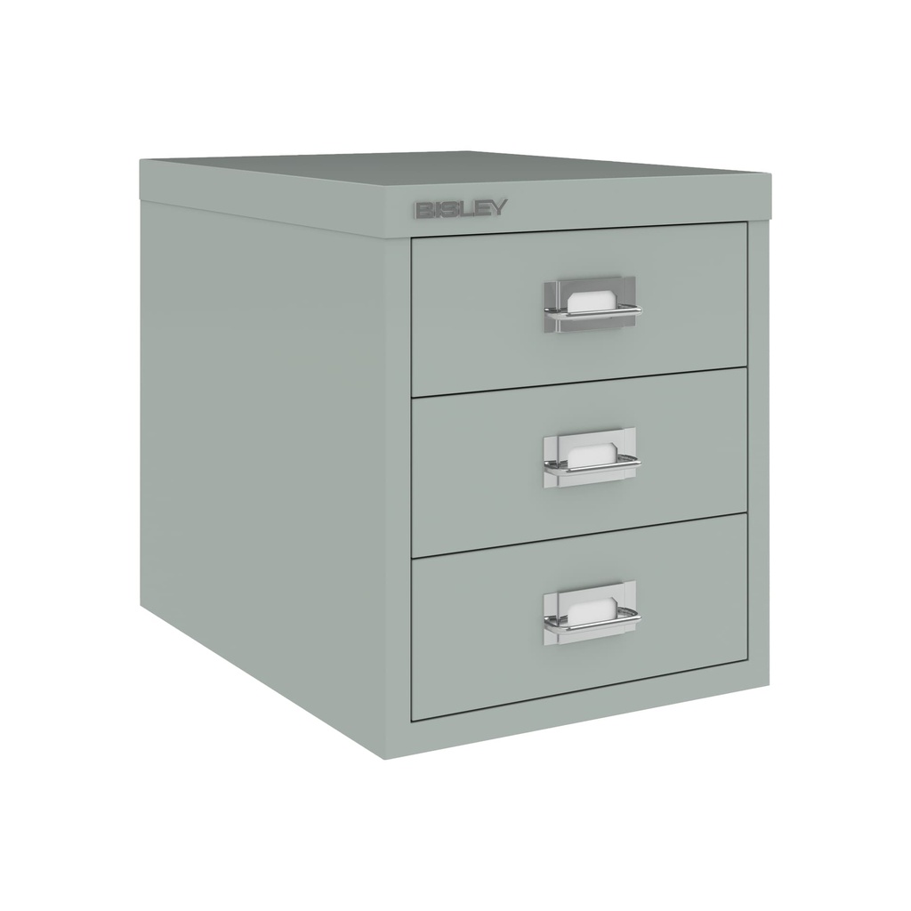 Vista en tres cuartos del fichero multicajones Bisley H123NL en color gris plata metalizado