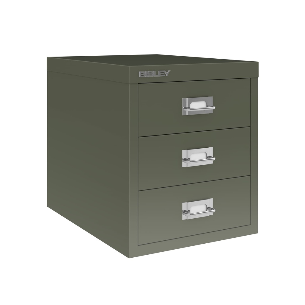 Vista en tres cuartos del fichero multicajones Bisley H123NL en color verde aceituna