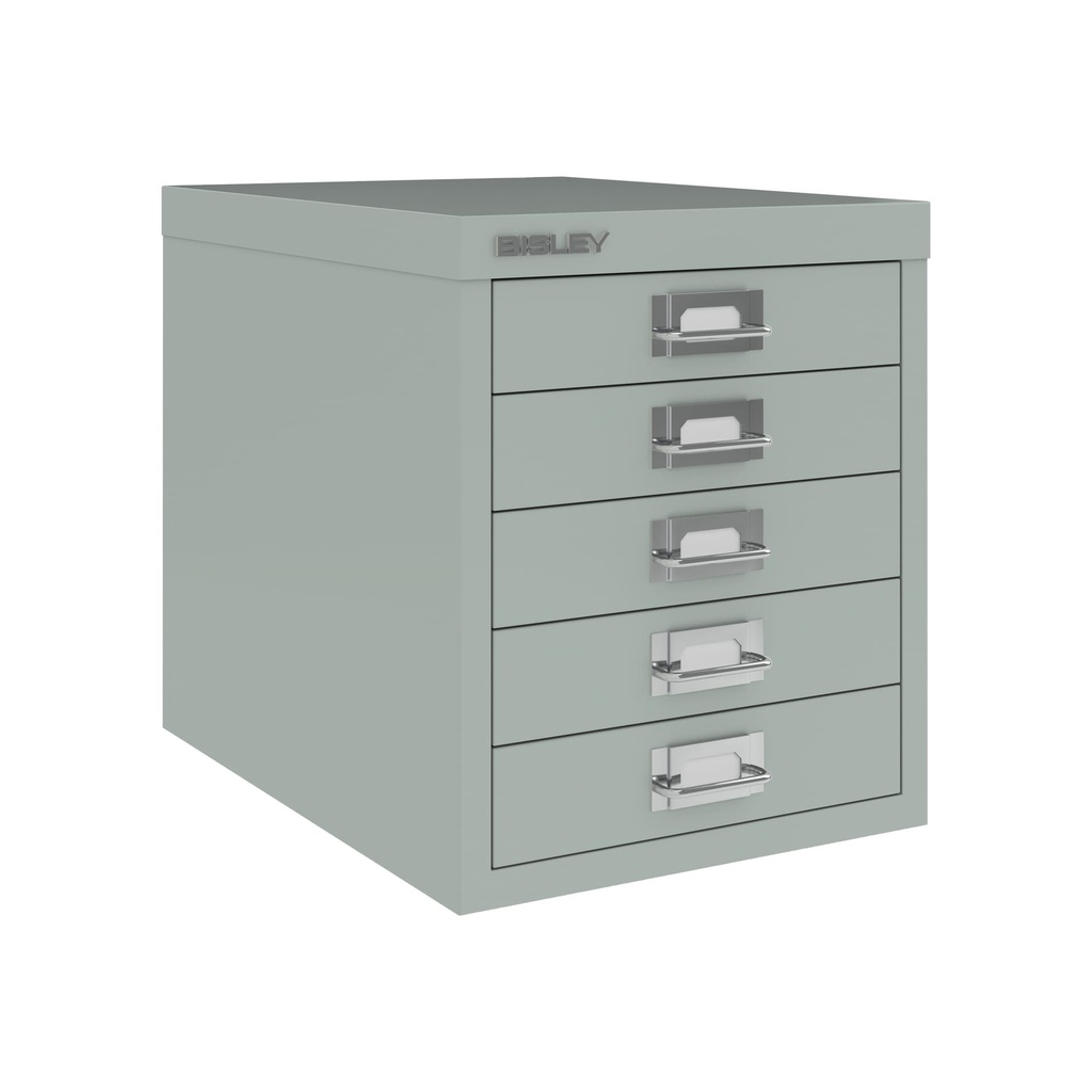 Vista en tres cuartos del fichero multicajones Bisley H125NL en color gris plata metalizado
