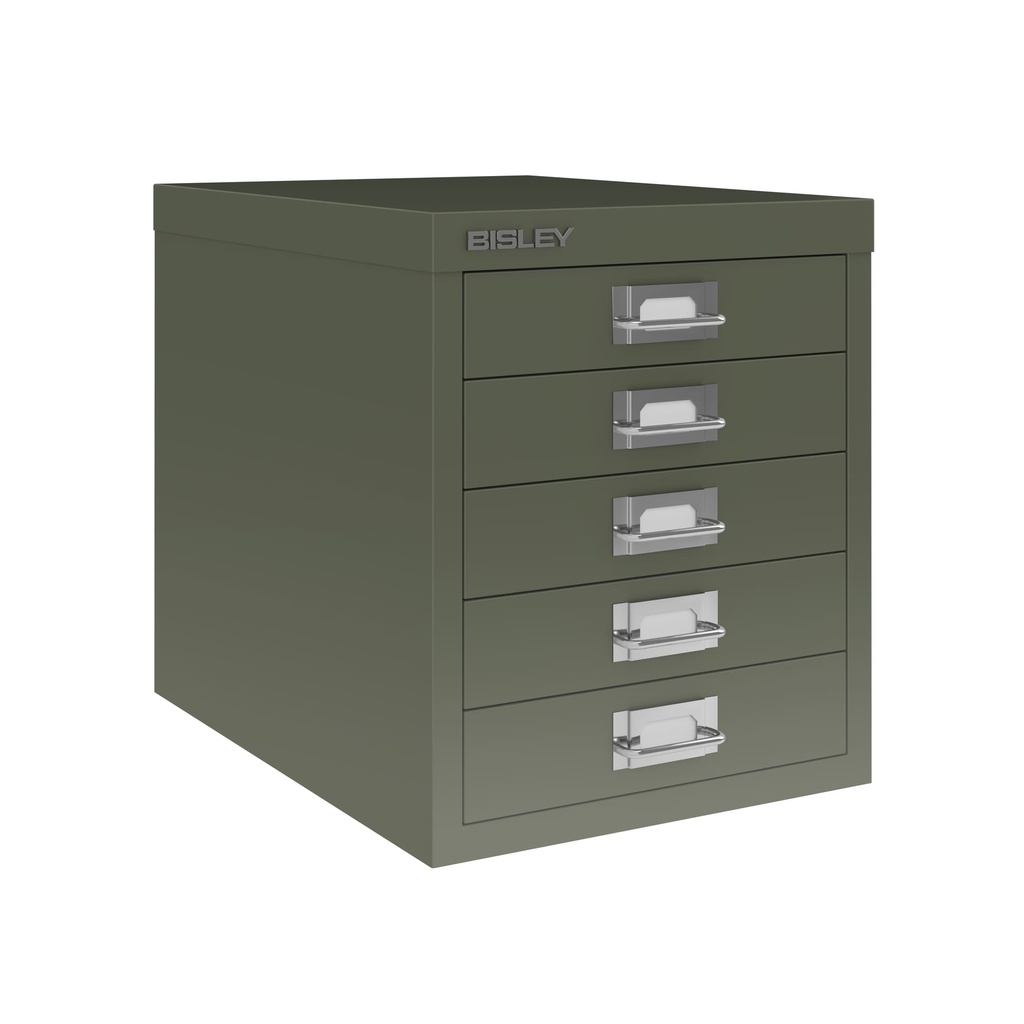 Vista en tres cuartos del fichero multicajones Bisley H125NL en color verde aceituna