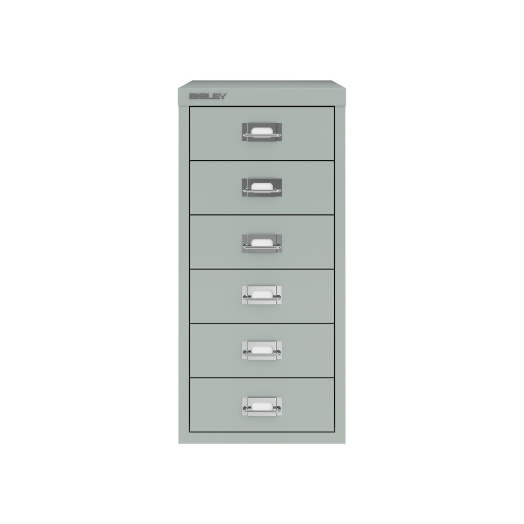 Vista frontal del fichero multicajones Bisley H296NL en color gris plata metalizado