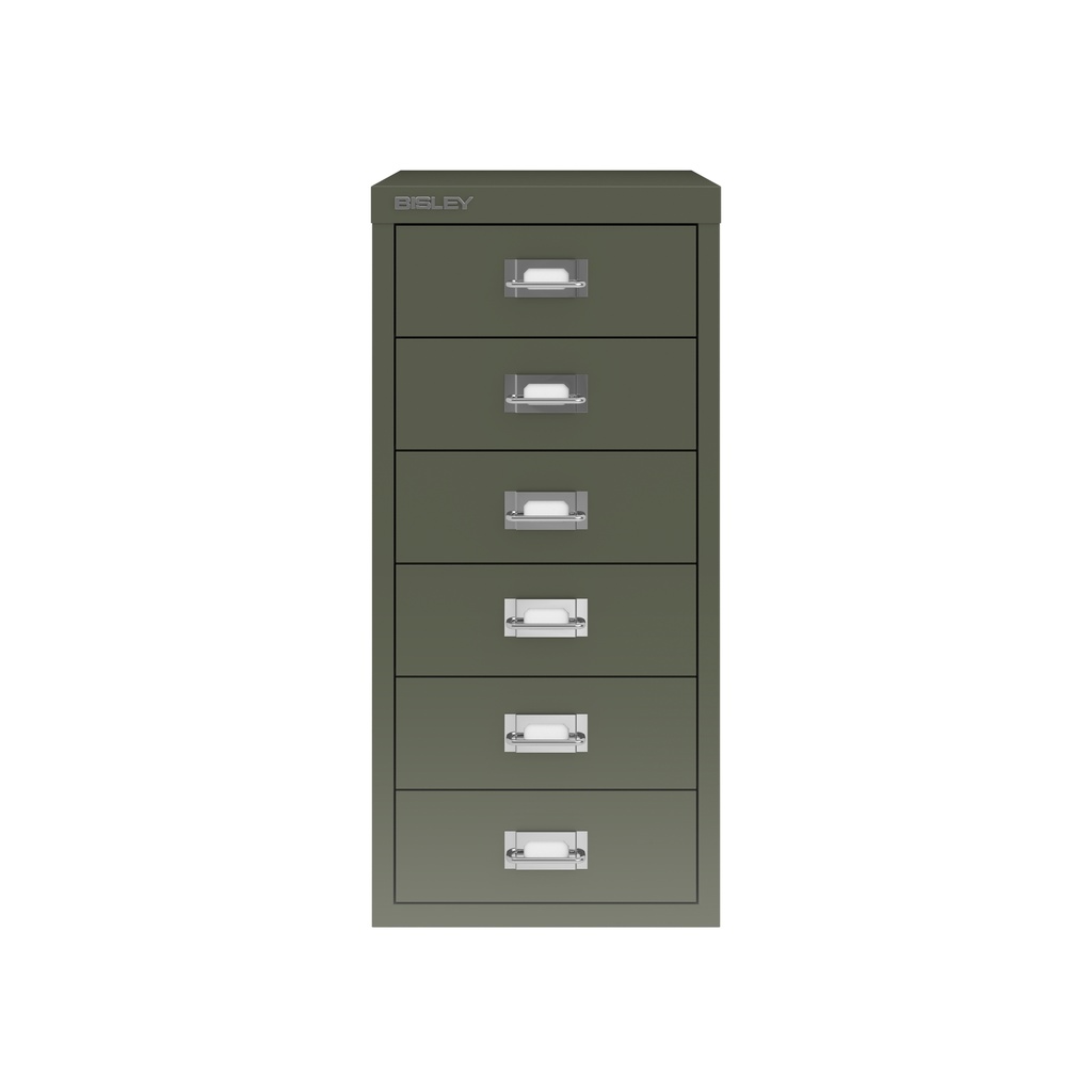 Vista frontal del fichero multicajones Bisley H296NL en color verde aceituna
