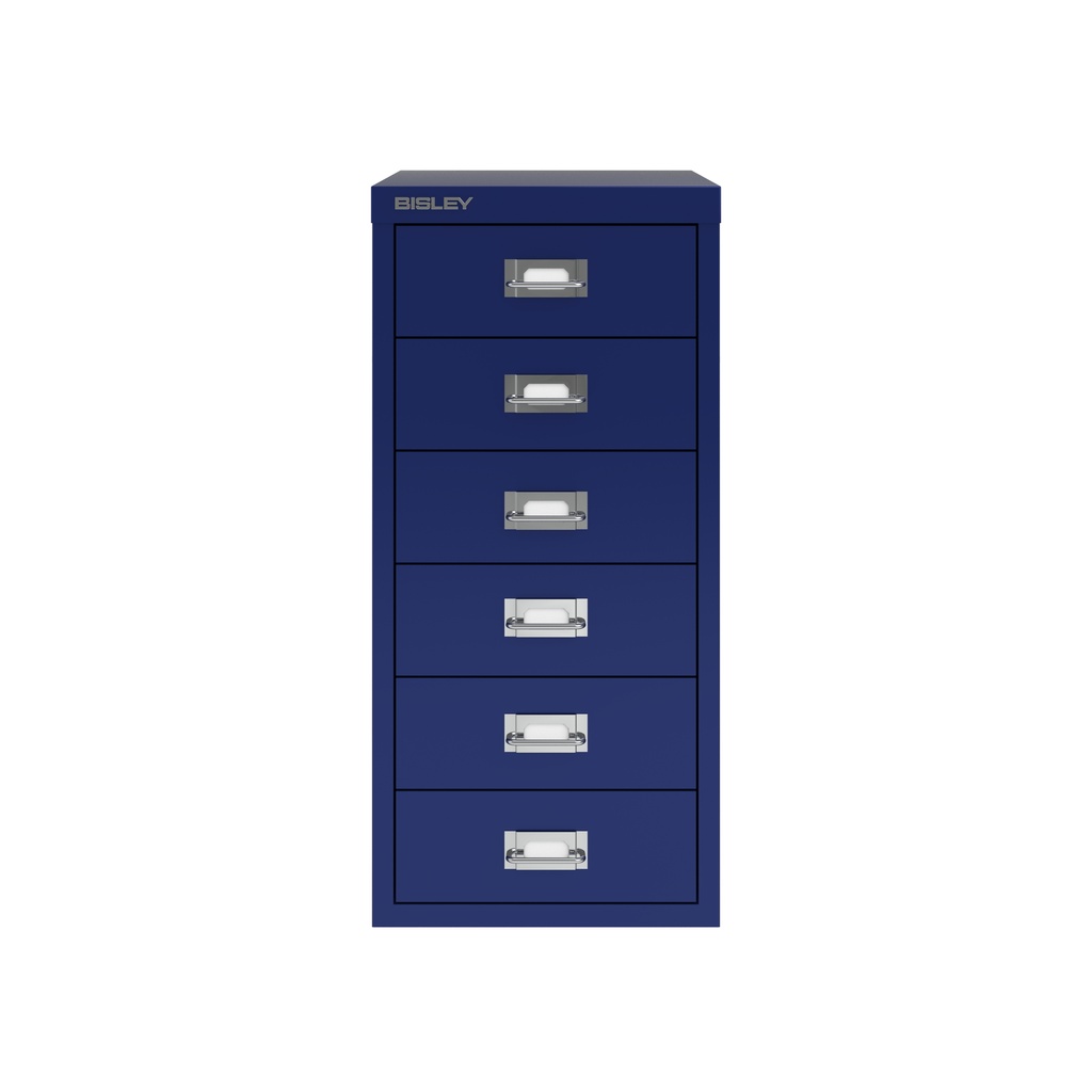 Vista frontal del fichero multicajones Bisley H296NL en color azul oscuro Oxford