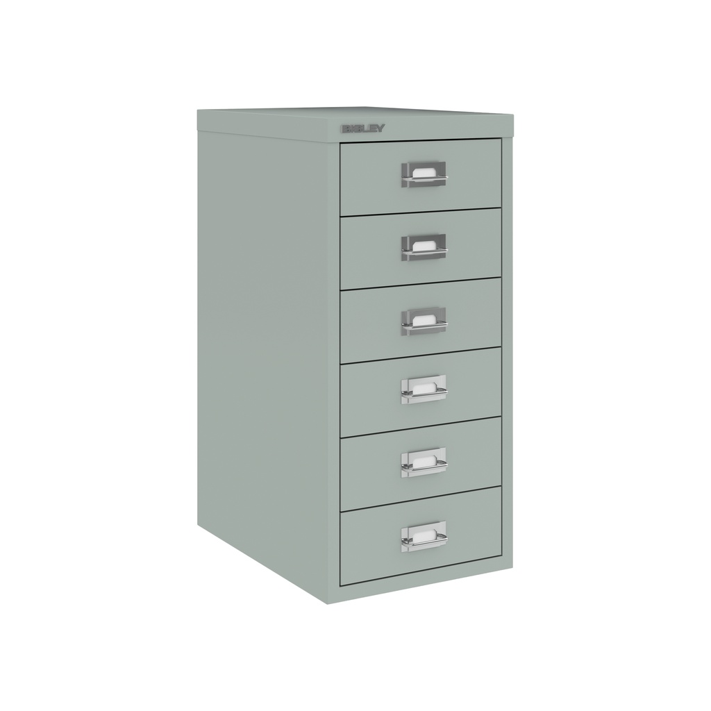Vista en tres cuartos del fichero multicajones Bisley H296NL en color gris plata metalizado