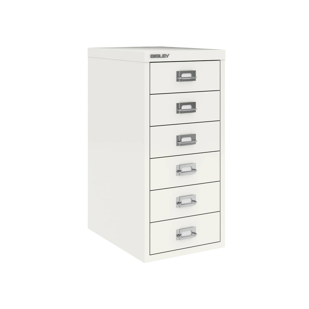 Vista en tres cuartos del fichero multicajones Bisley H296NL en color blanco tiza