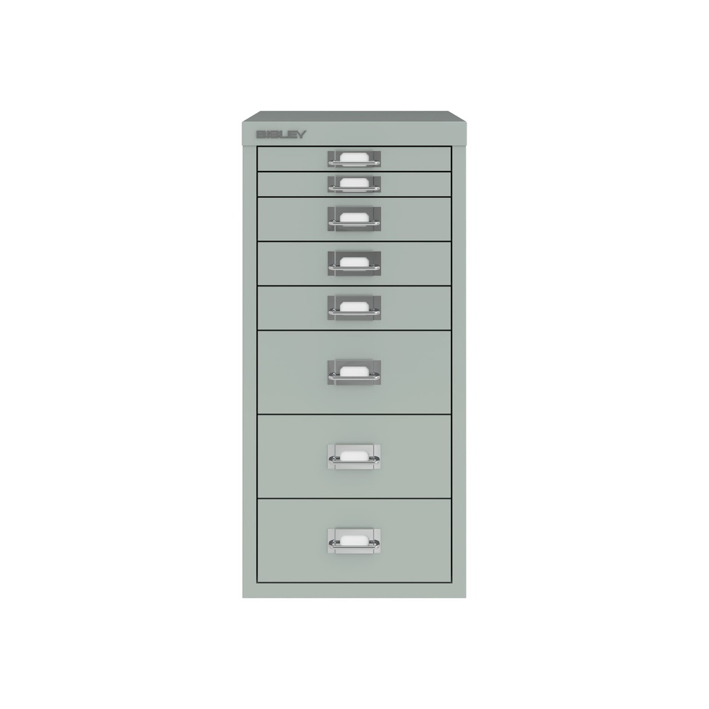 Vista frontal del fichero multicajones Bisley H298BNL en color gris plata metalizado