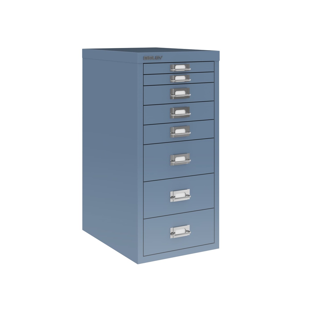 Vista en tres cuartos del fichero multicajones Bisley H298BNL en color azul oscuro Oxford