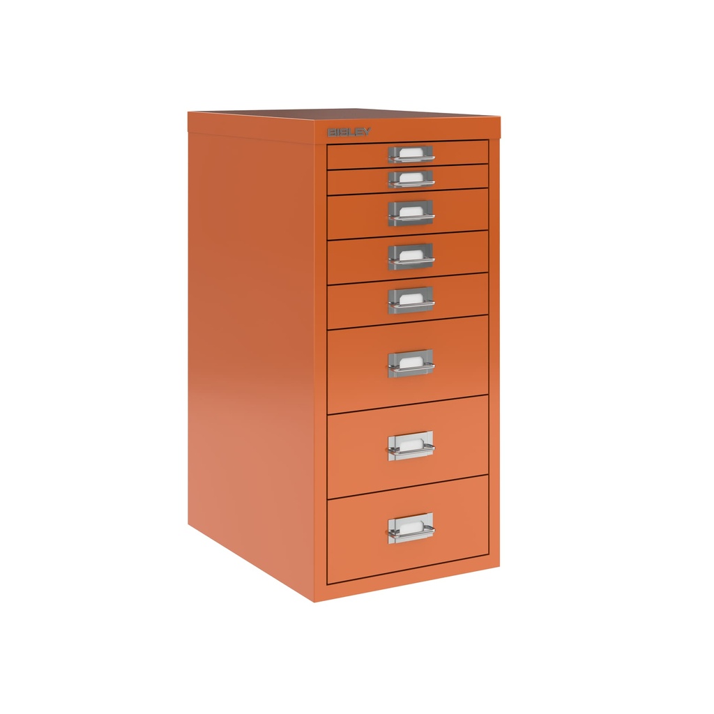 Vista en tres cuartos del fichero multicajones Bisley H298BNL en color naranja