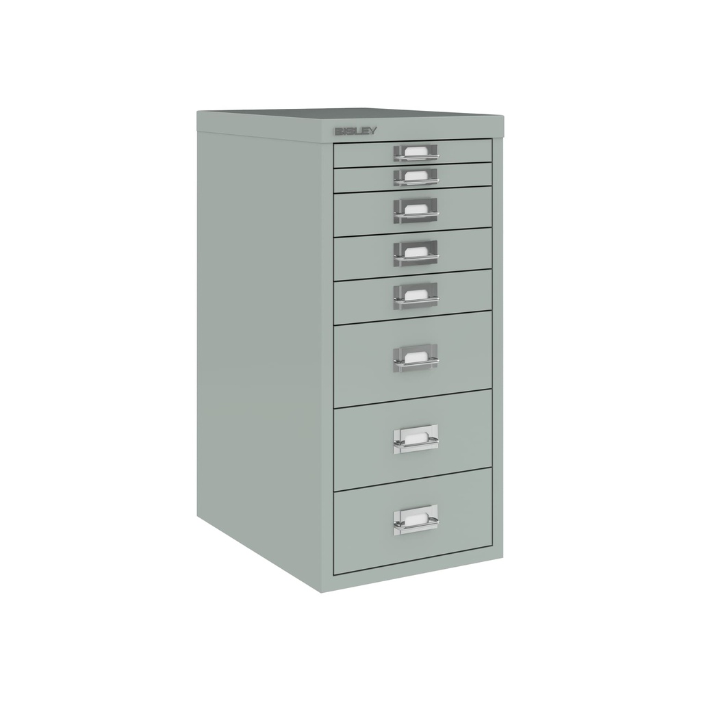 Vista en tres cuartos del fichero multicajones Bisley H298BNL en color gris plata metalizado