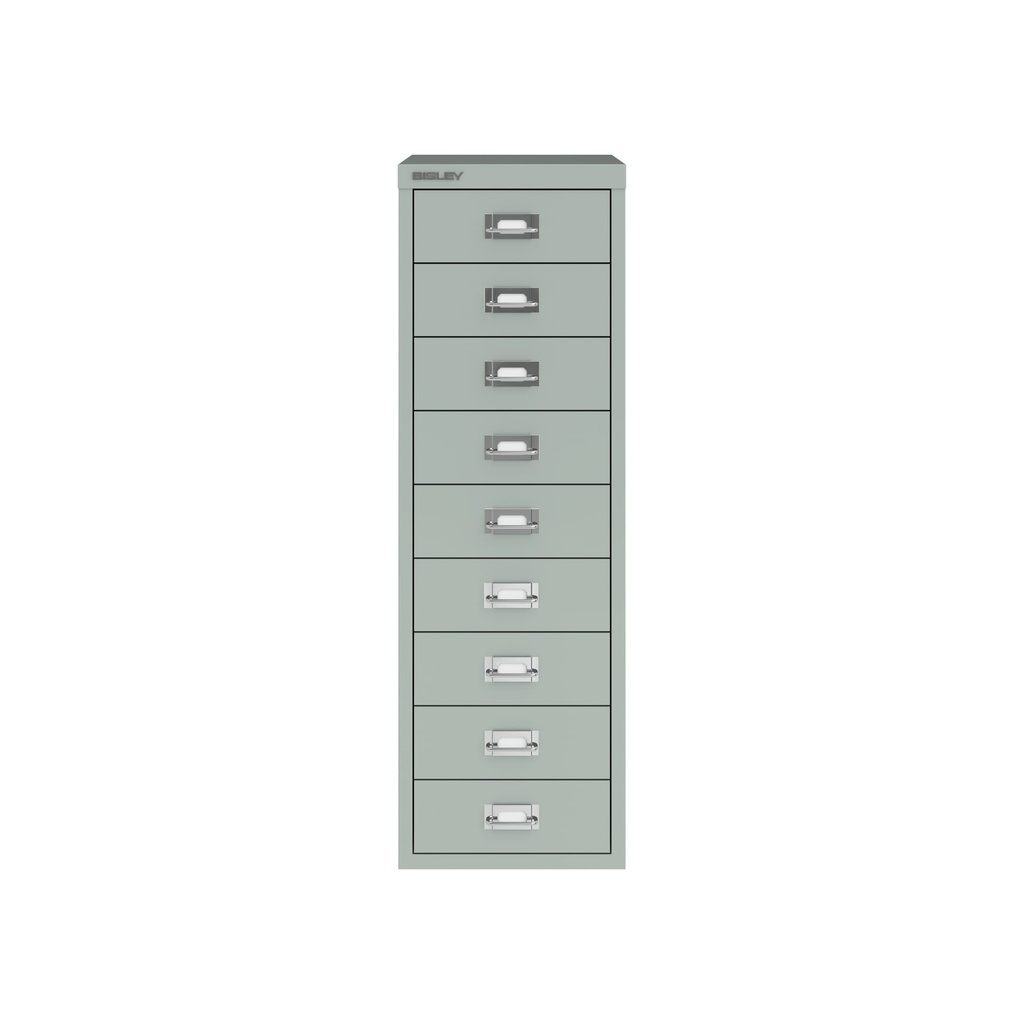 Vista frontal del fichero multicajones Bisley H399NL en color gris plata metalizado