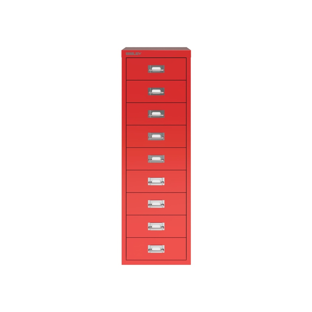 Vista frontal del fichero multicajones Bisley H399NL en color rojo cardenal