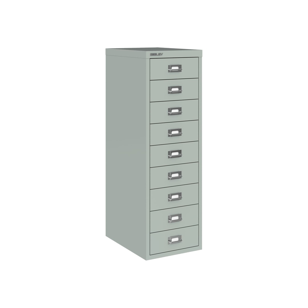 Vista en tres cuartos del fichero multicajones Bisley H399NL en color gris plata metalizado
