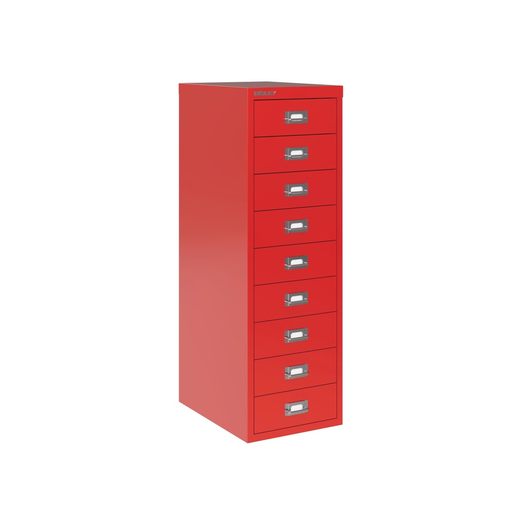 Vista en tres cuartos del fichero multicajones Bisley H399NL en color rojo cardenal