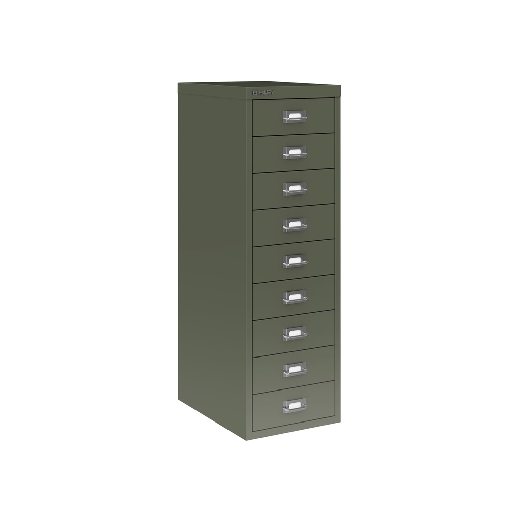 Vista en tres cuartos del fichero multicajones Bisley H399NL en color verde aceituna