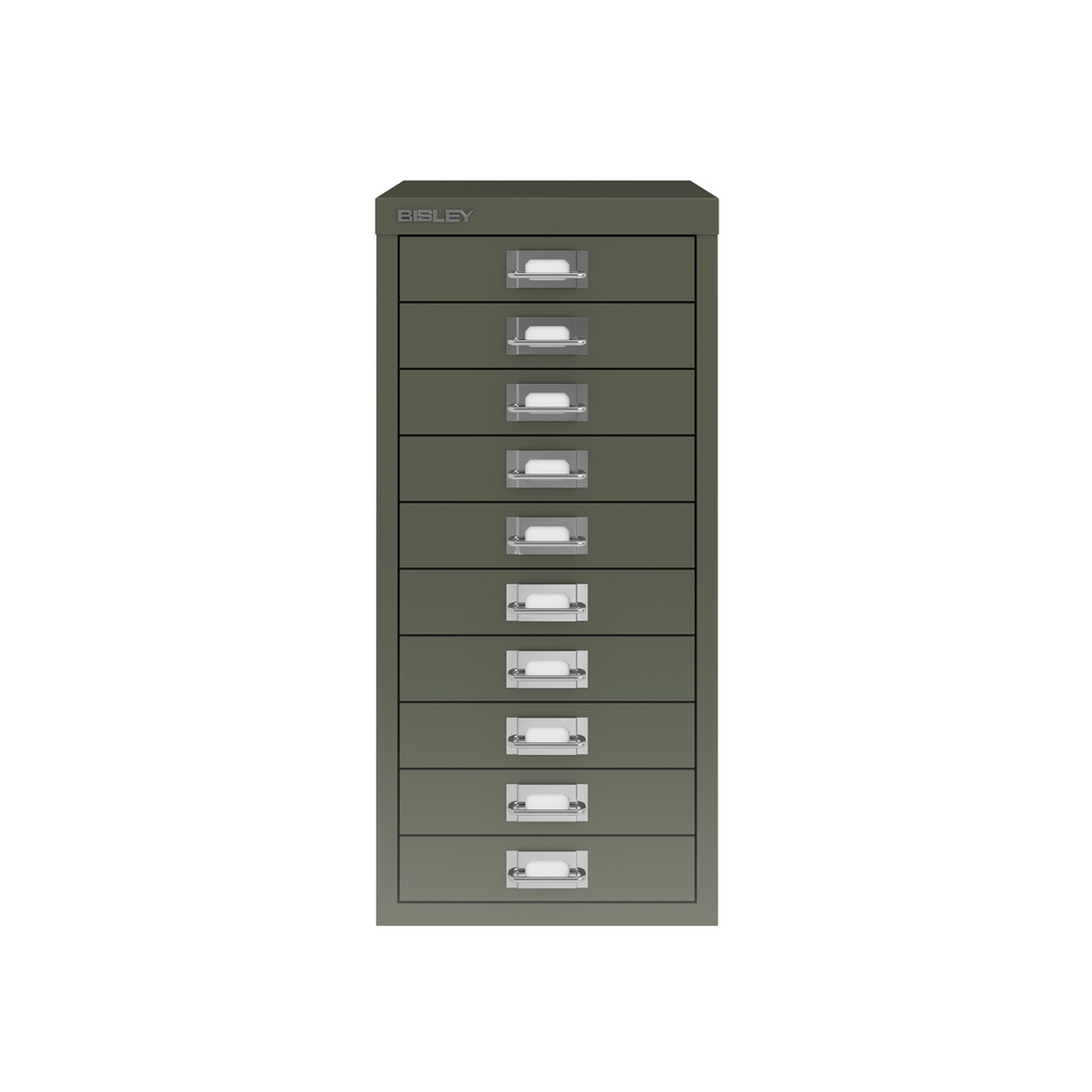 Vista frontal del fichero multicajones Bisley H2910NL en color verde aceituna