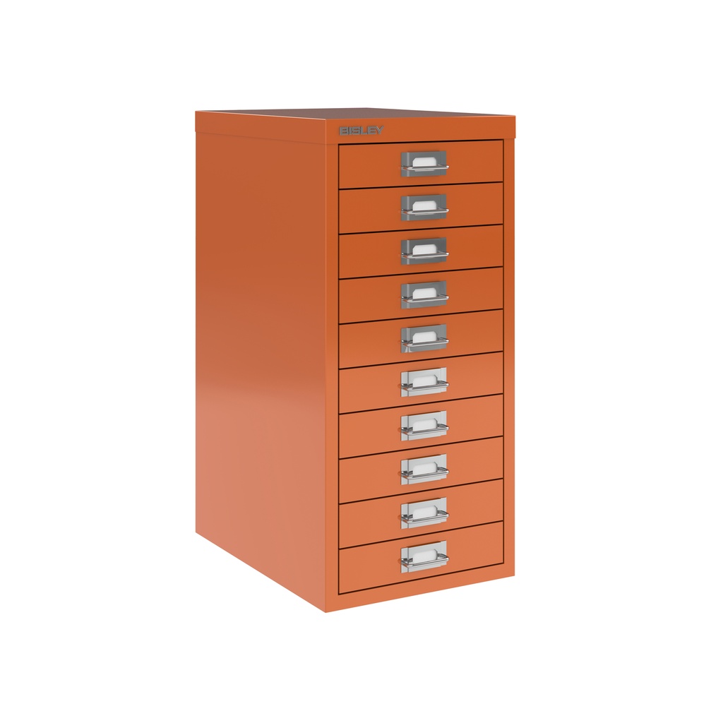 Vista en tres cuartos del fichero multicajones Bisley H2910NL en color naranja
