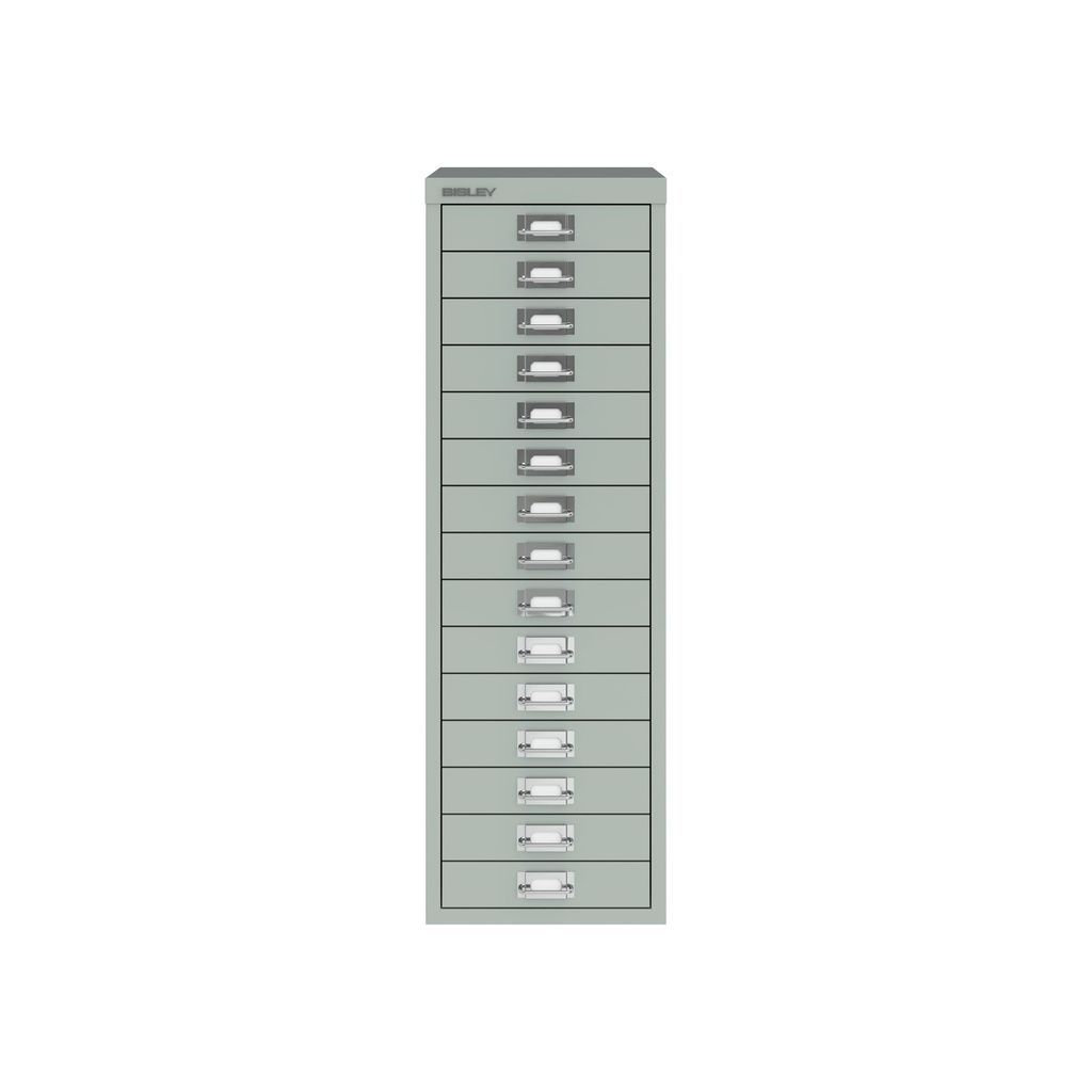 Vista frontal del fichero multicajones Bisley H3915NL en color gris plata metalizado