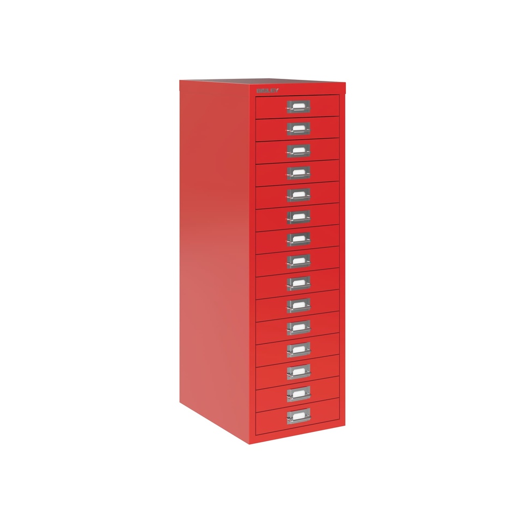 Vista en tres cuartos del fichero multicajones Bisley H3915NL en color rojo cardenal