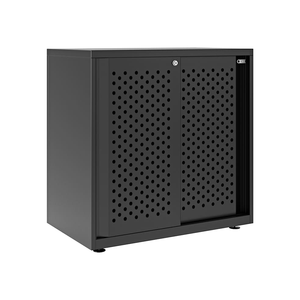 Armario color negro metálico de diseño Bisley Glide con puertas correderas perforadas