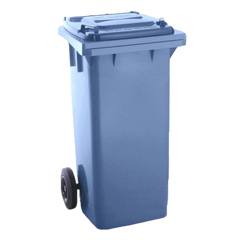 Contenedor de basura de 120 litros azul para reciclar papel con dos ruedas