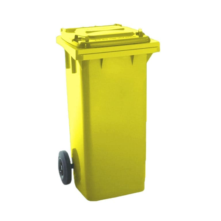 Contenedor de basura de 120 litros amarillo para reciclar plástico con dos ruedas