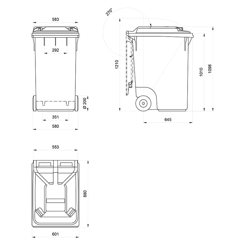 Medidas del contenedor de plástico para reciclaje de residuos de 360 litros de capacidad