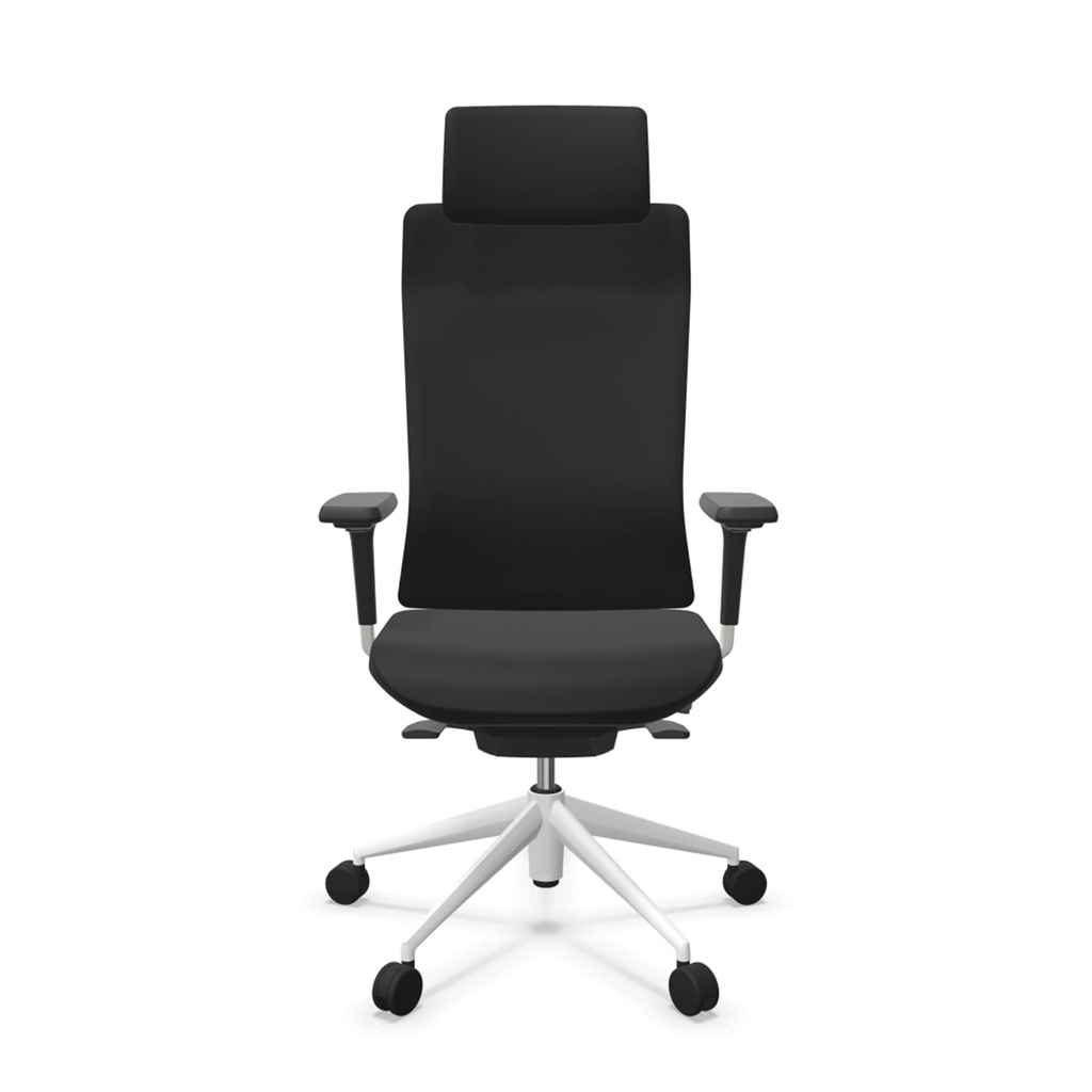 Silla TNK Flex con respaldo y asiento tapizados en tela negra y base de aluminio blanco