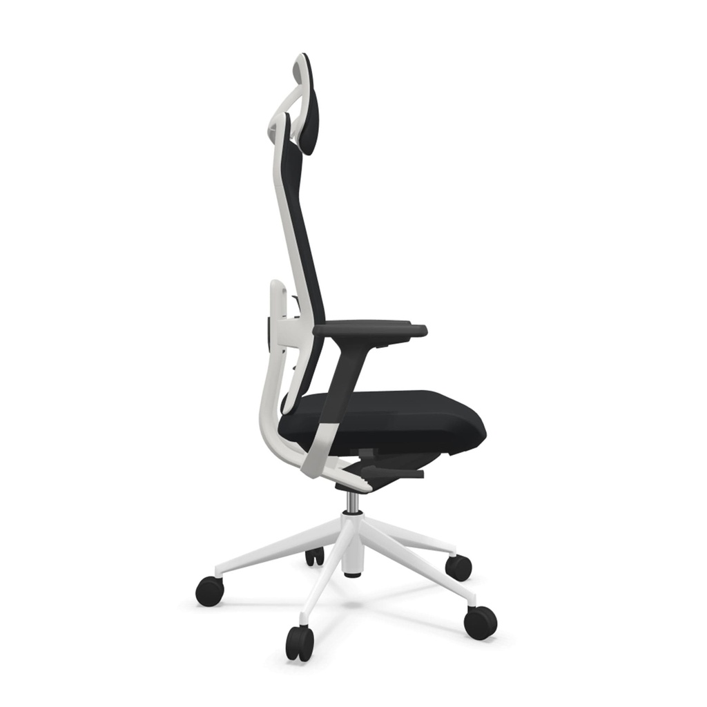 Silla ergonómica TNK Flex con respaldo y asiento tapizados en tela negra y base de aluminio blanco