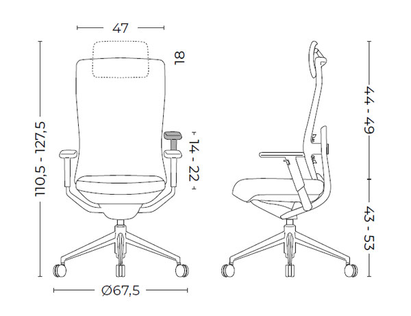 Medidas de la silla TNK-Flex con respaldo alto