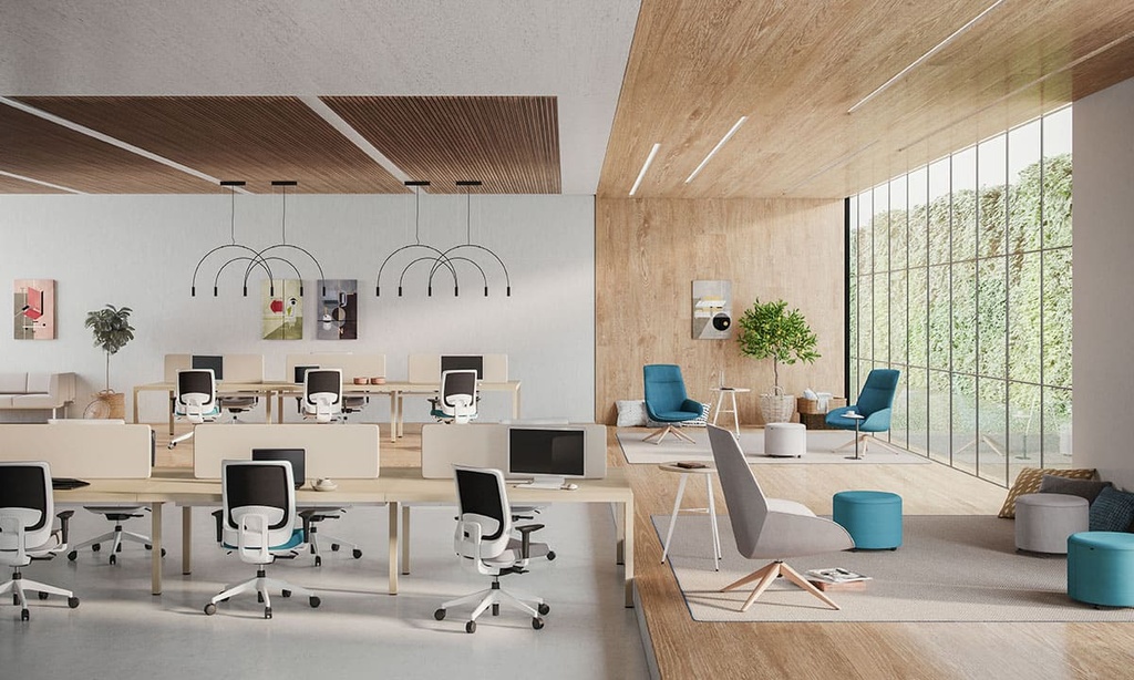 Oficina con sillas ergonómica Trim de Actiu con respaldo de altura regulable tapizadas en varios colores
