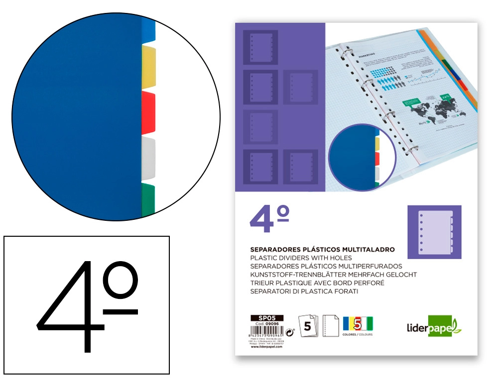 Separadores de plástico de colores 5 hojas 1/4 Liderpapel