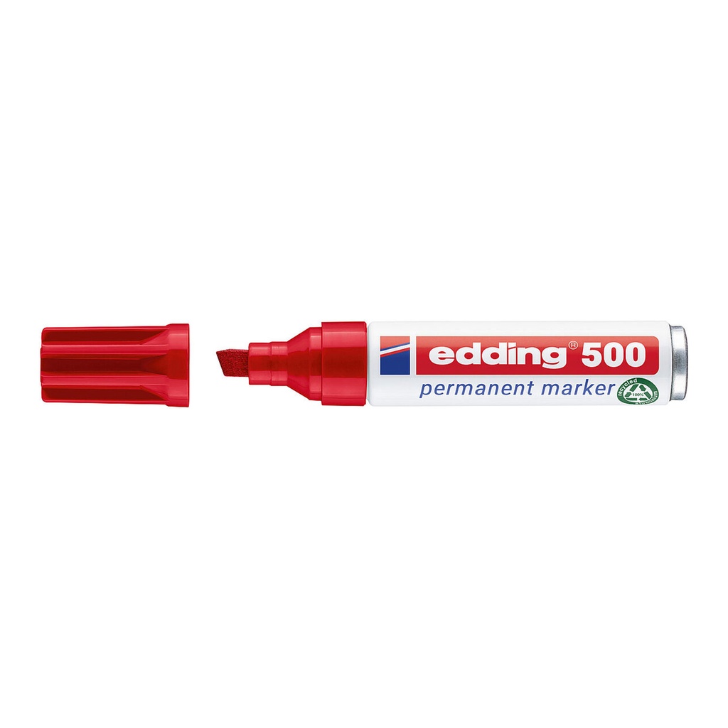 Rotulador permanente Edding 500 rojo con el capuchón retirado mostrando la punta biselada.