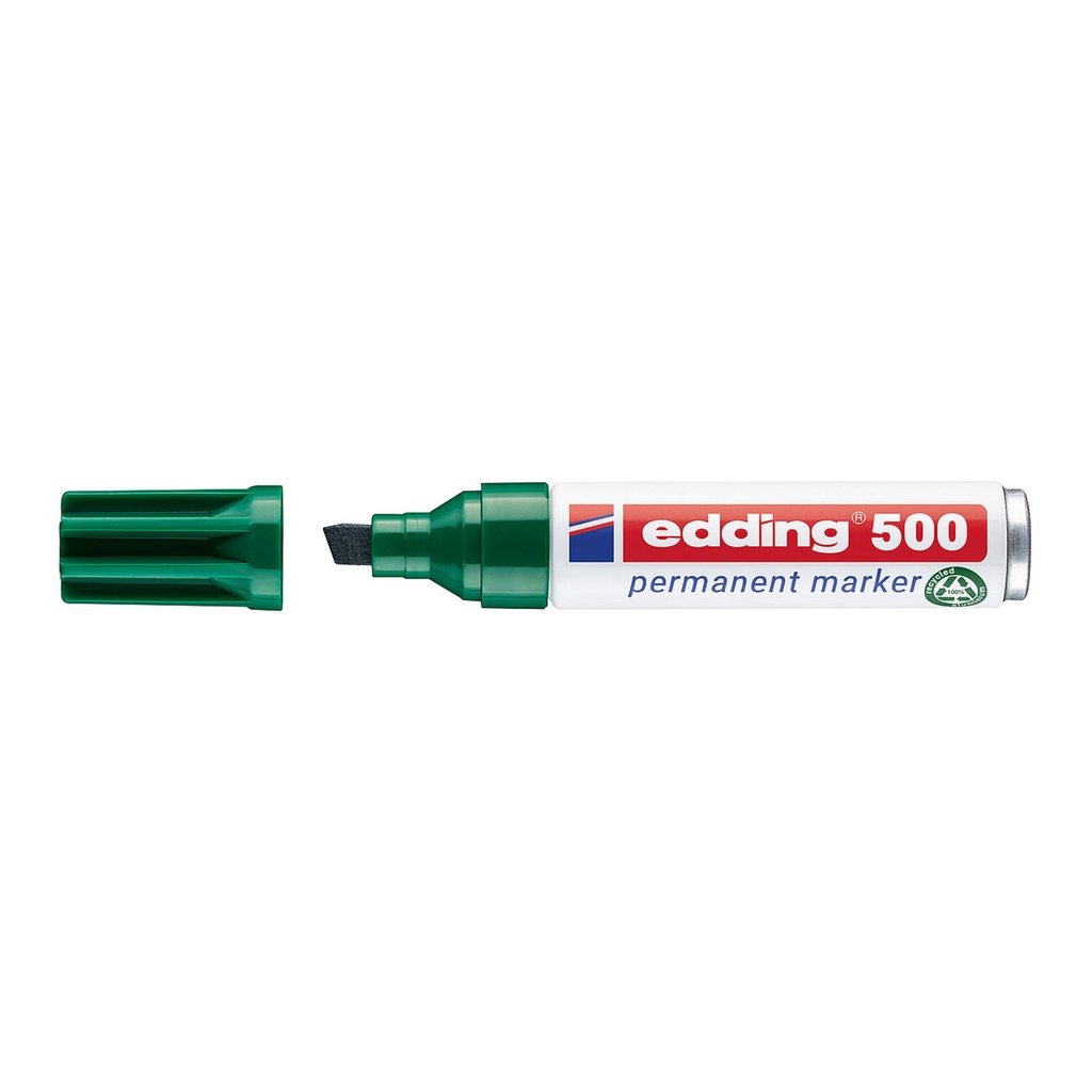 Marcador permanente Edding 500 verde con cuerpo cilíndrico blanco y punta expuesta.
