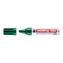 Marcador permanente Edding 500 verde con cuerpo cilíndrico blanco y punta expuesta.