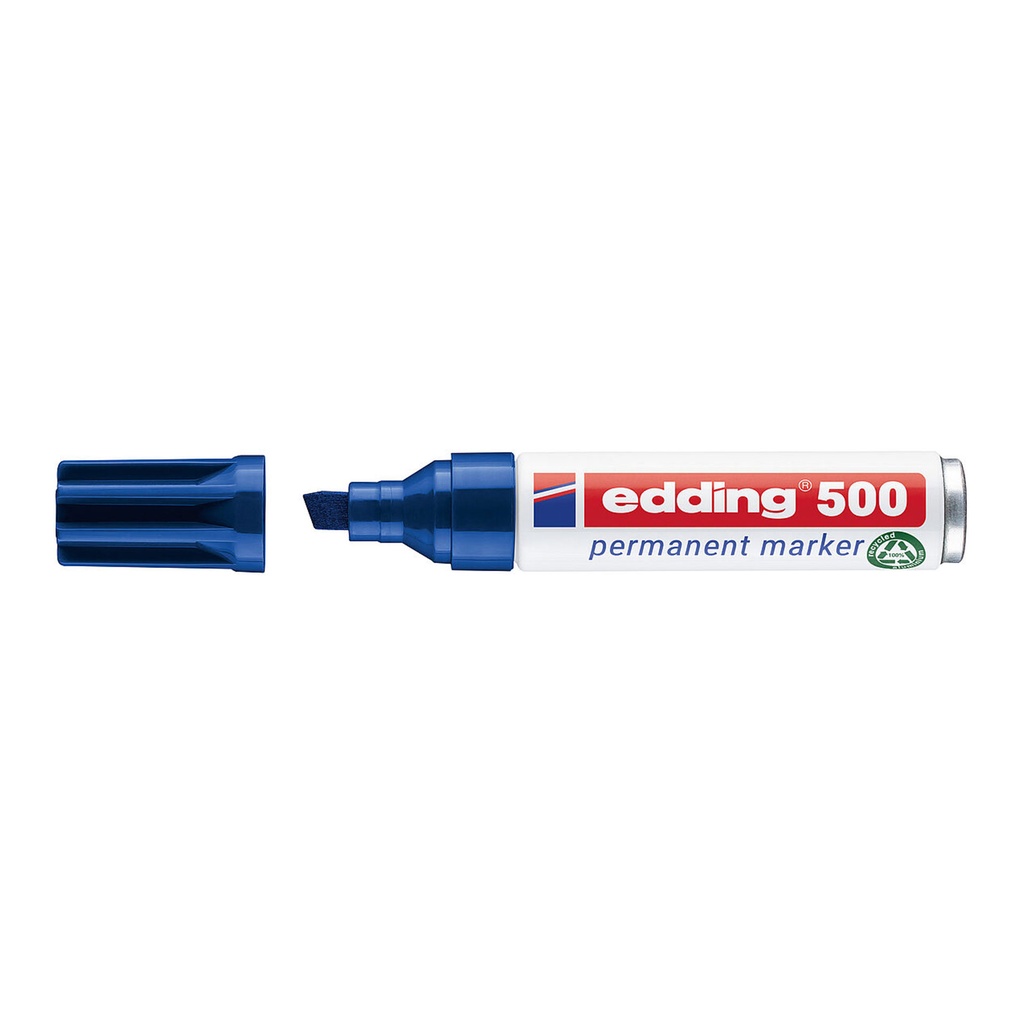Rotulador permanente Edding 500 azul con tapa abierta y punta biselada visible sobre fondo blanco.