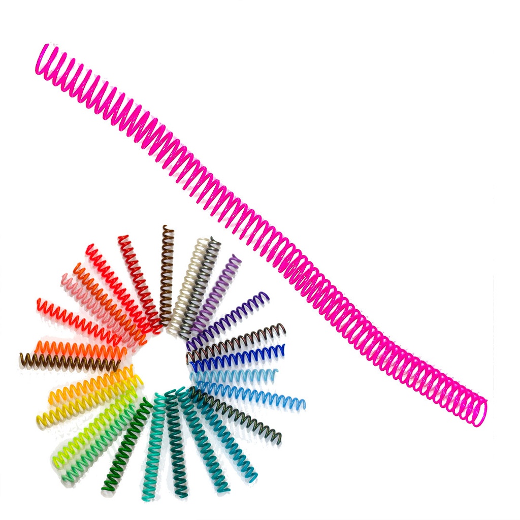 La espiral de encuadernación de plástico en acabado color 20 mm de diámetro y paso 5:1 se distribuye en cajas de 100 espirales para encuadernar